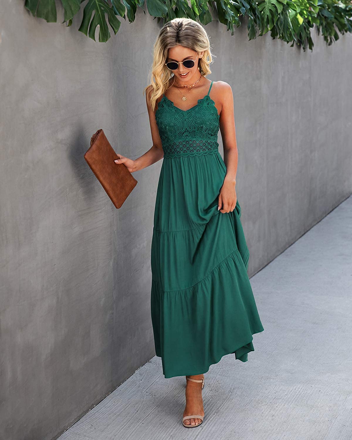 Dokuritu Cocktail Dress Green Dresses for Women Beach Crochet Lace Maxi Dress Summer Spaghetti Strap Long Dress Vacation Outfits 2024(DarkGreen,L)