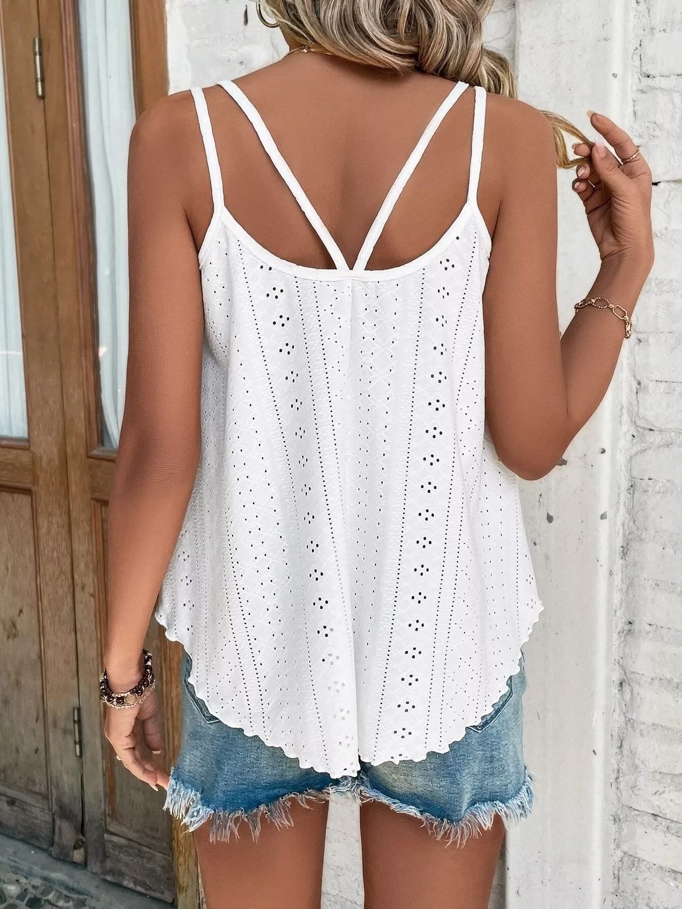 KKJ Womens Fashion Tank Tops Eyelet Embroidery Sleeveless Camisole Scoop Neck Loose Casual 2024 Summer Clothes Flowy Shirts White