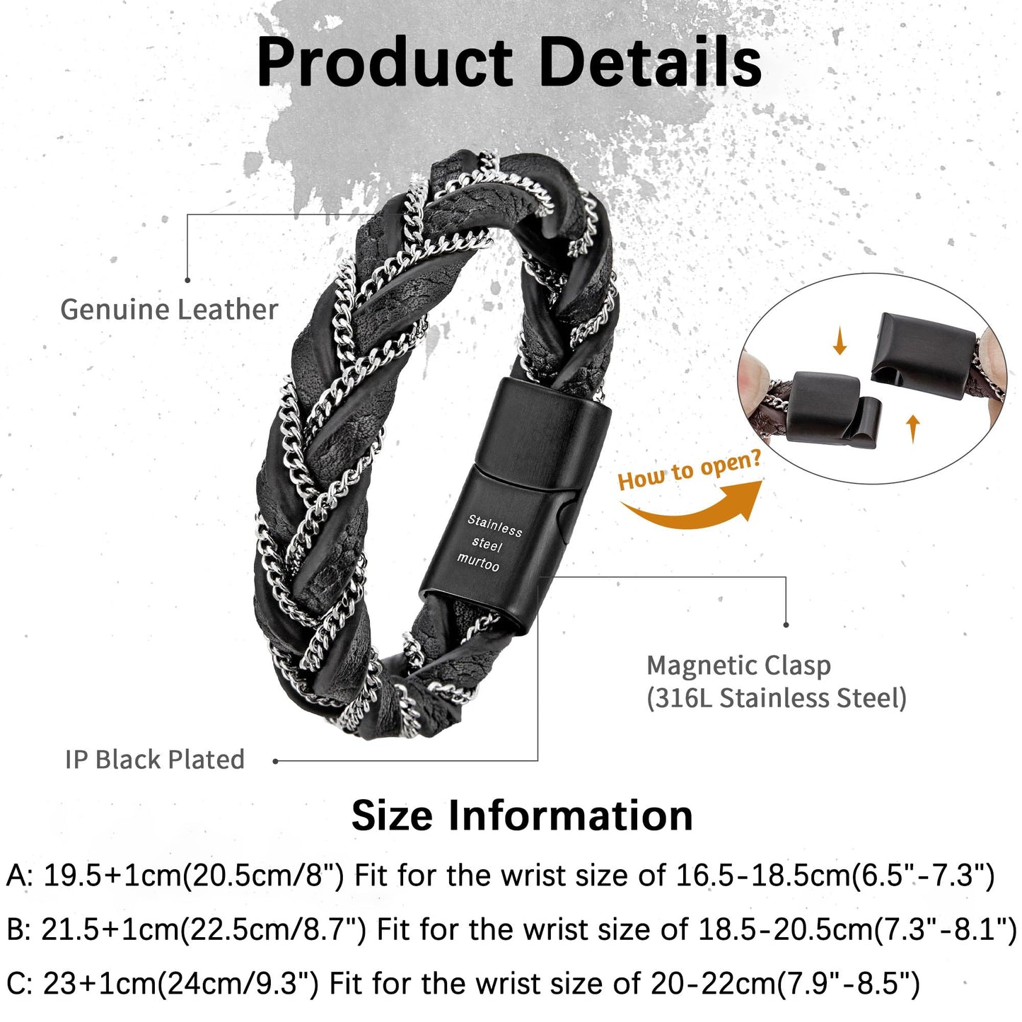 murtoo Mens Leather Bracelet, Braided Leather Cuff Bracelets for Men with Steel Chain, Stylish Gift for Men Him (Black, Silver, 7.5")