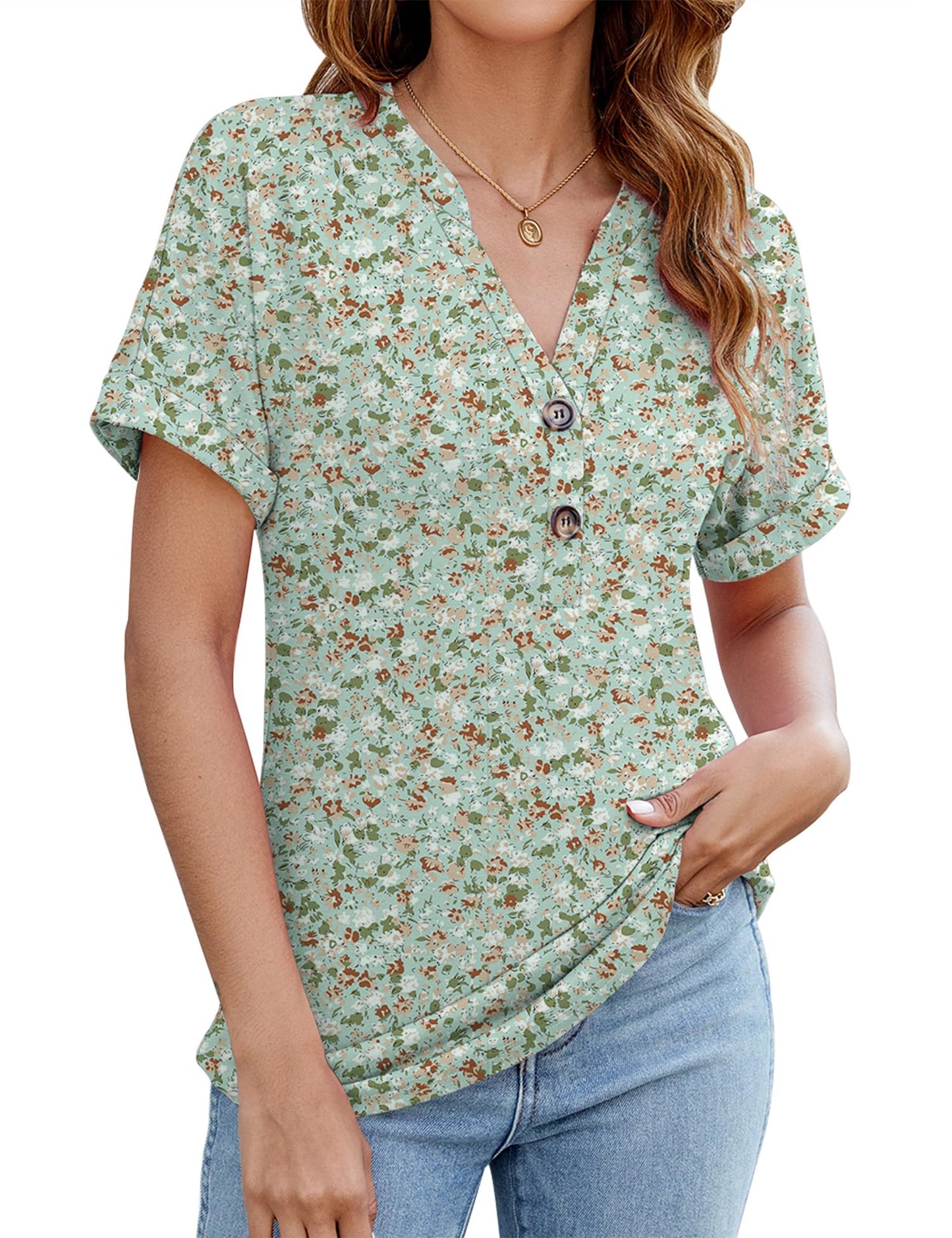 Micoson Womens Tops Dressy Casual Short Sleeve Blouses Summer Boho Tops V Neck Button Down Shirts Basic Work Tunic Green Floral M