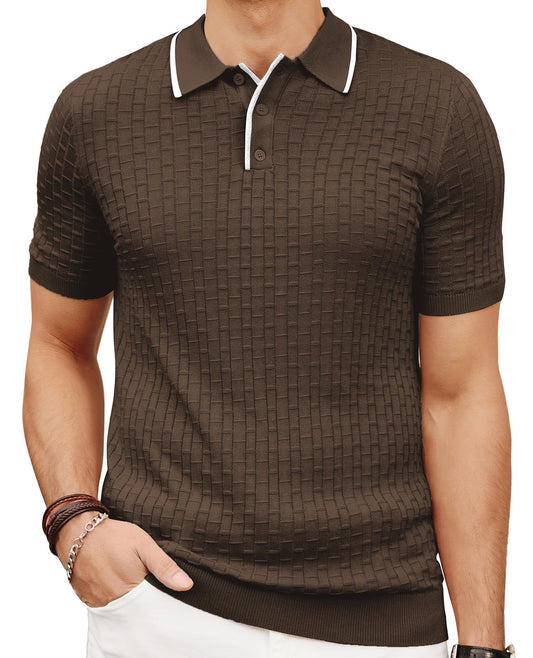 PJ PAUL JONES Knit Polo Shirt for Men Regular Fit Plaid Texture Polo Shirts Vintage Short Sleeve Knitting Polo Shirt for Office Work Brown XL