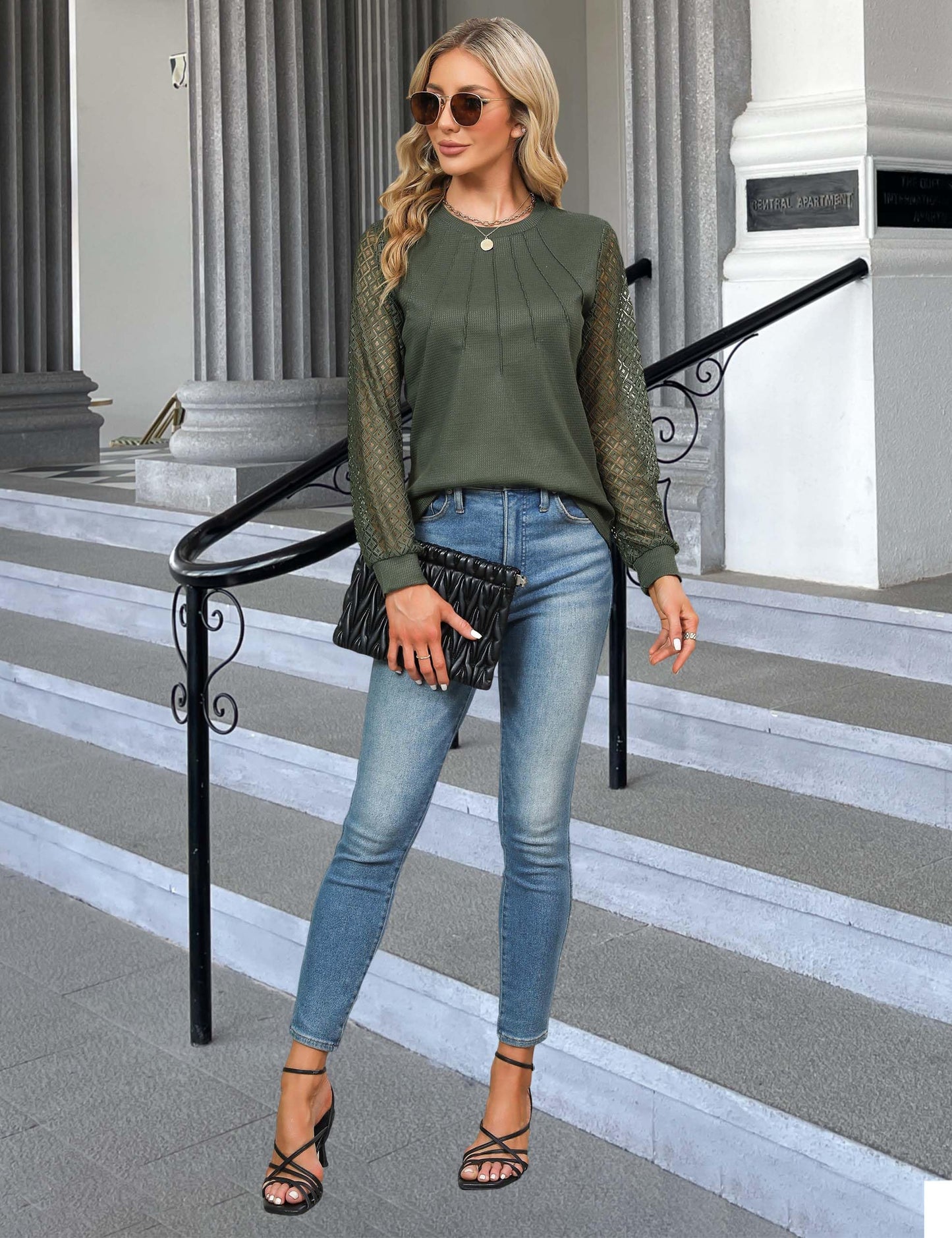 Blooming Jelly Women's Waffle Knit Tops Dressy Business Casual Blouses Lace Long Sleeve Work Shirts 2024 Trendy Fall Clothes (Army Green,Large)