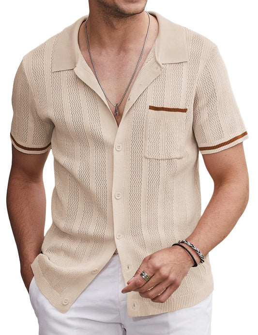 COOFANDY Mens Vintage Casual Beach Button Up Knit Polo Shirt Breathable, Light Brown, XX-Large, Short Sleeve