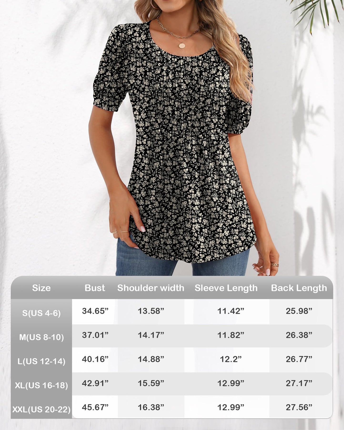 Ficerd Women's Puff Short Sleeve Tunic Tops Pleated Crew Neck Blouses Dressy Casual Loose Spring and Summer T-Shirts (Black, Floral,X-Large)