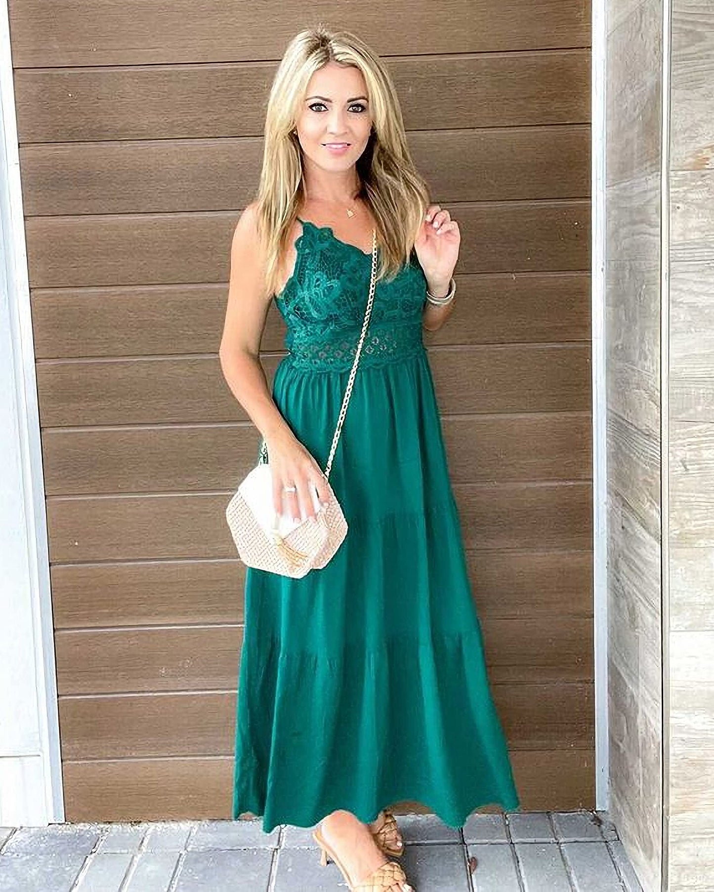 Dokuritu Cocktail Dress Green Dresses for Women Beach Crochet Lace Maxi Dress Summer Spaghetti Strap Long Dress Vacation Outfits 2024(DarkGreen,L)