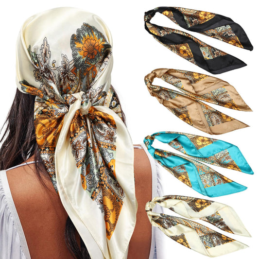 AWAYTR Satin Large Square Head Scarves - 4PCS Silk Like Neck Scarf Lightweight Hair Sleeping Wraps for Women (Cashew(Black/Blue/Camel/Beige))