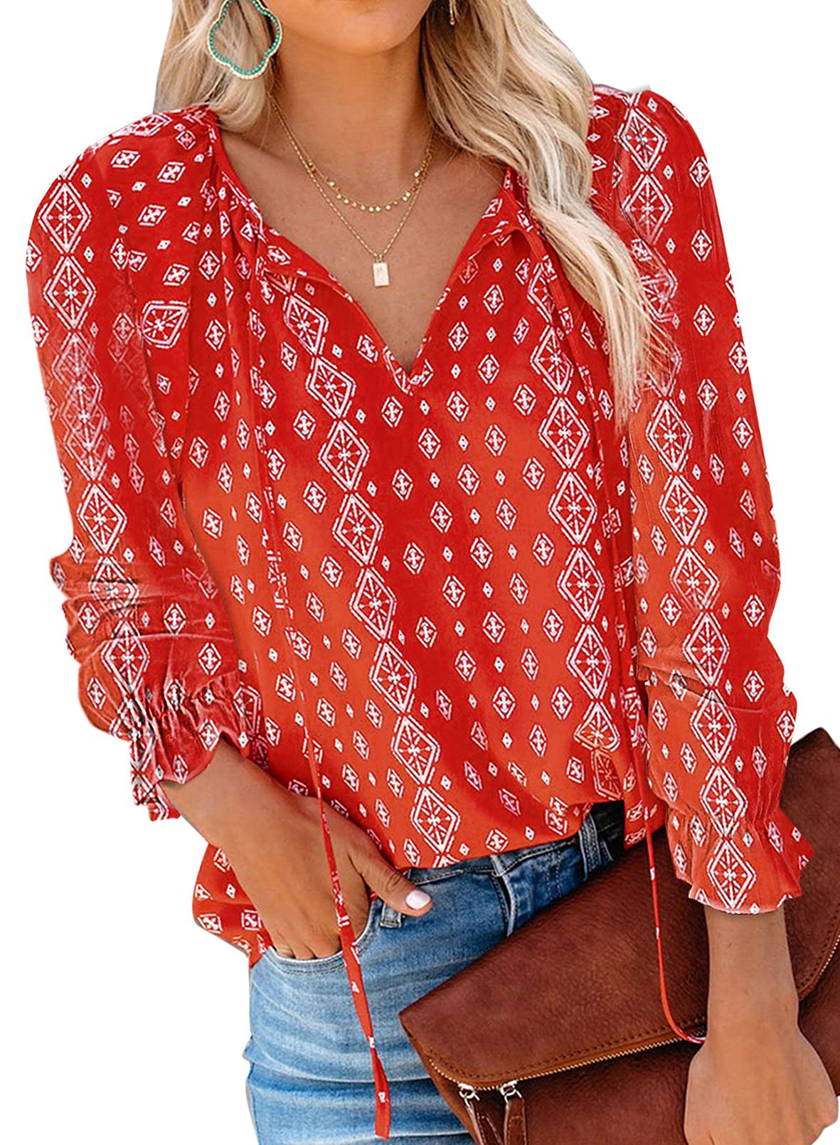 Dokotoo Womens 2024 Fashion Floral Printed V Neck Tie Top Boho Long Sleeve Blouses Juniors Loose Plus Size Chiffon Shirts Large Red