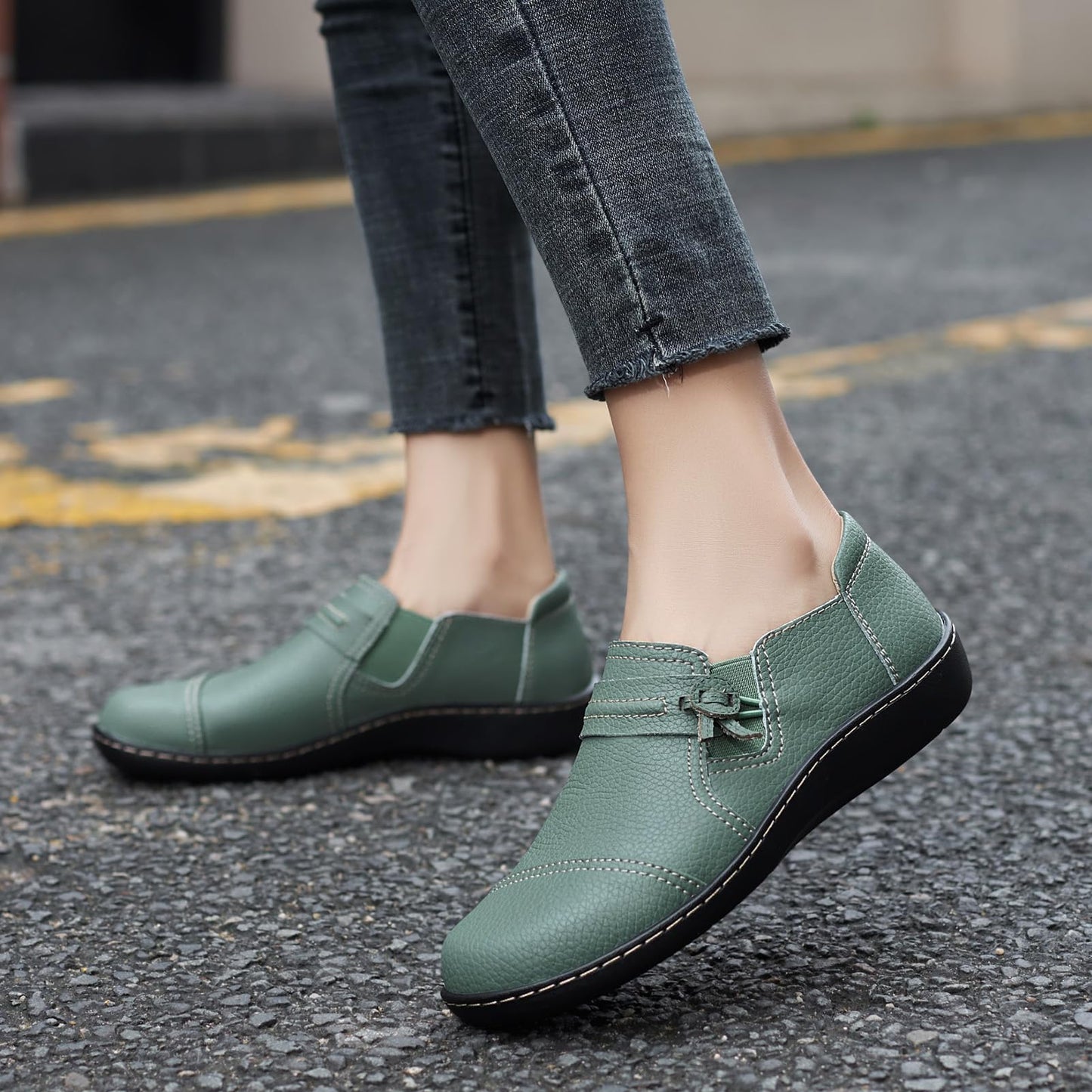 LAZYPOP Women's Classic Comfort Green Leather Loafers Cute Slip-Ons Casual Dress Shoes Lightweight Walking Flats Everyday Work Shoes 6 M US 1808MLV-6