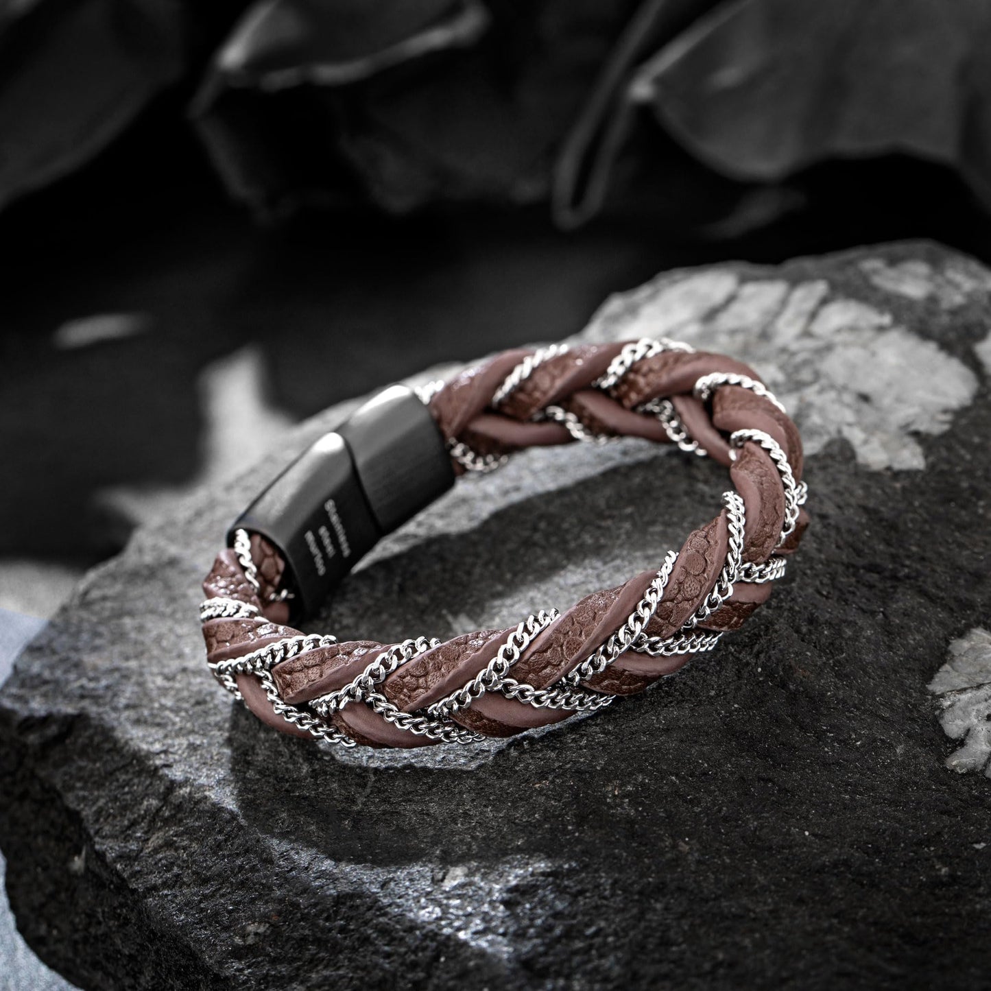 murtoo Leather Bracelets for Men, Mens Bracelet Braided Leather with Steel Chain, Stylish Gift for Men Him (Brown, Silver, 7.5")