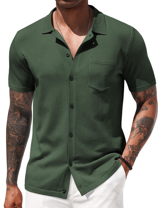 COOFANDY Men Knit Shirts Vintage Short Sleeve Button Down Shirt Casual Summer Beach Shirts ArmyGreen