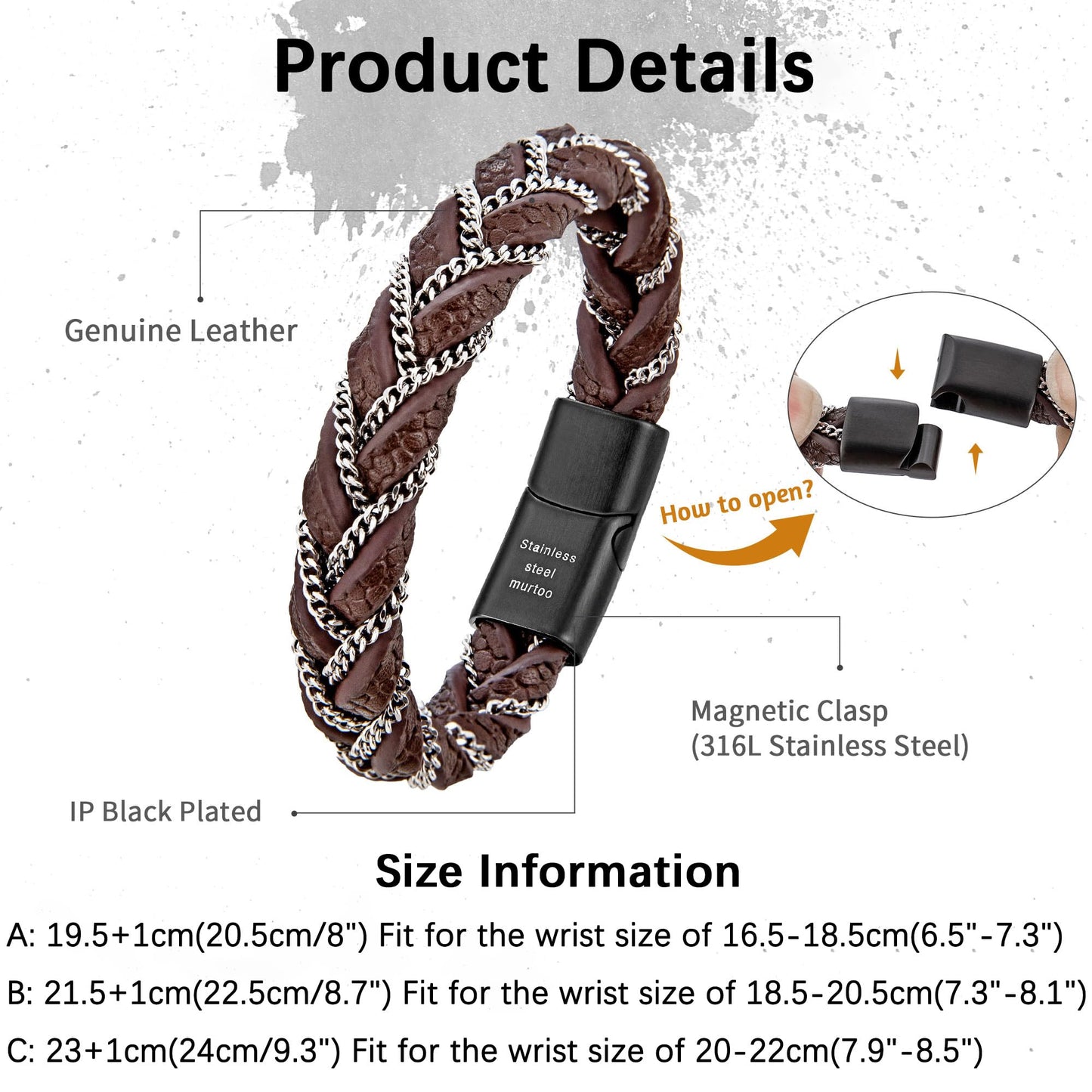 murtoo Leather Bracelets for Men, Mens Bracelet Braided Leather with Steel Chain, Stylish Gift for Men Him (Brown, Silver, 7.5")