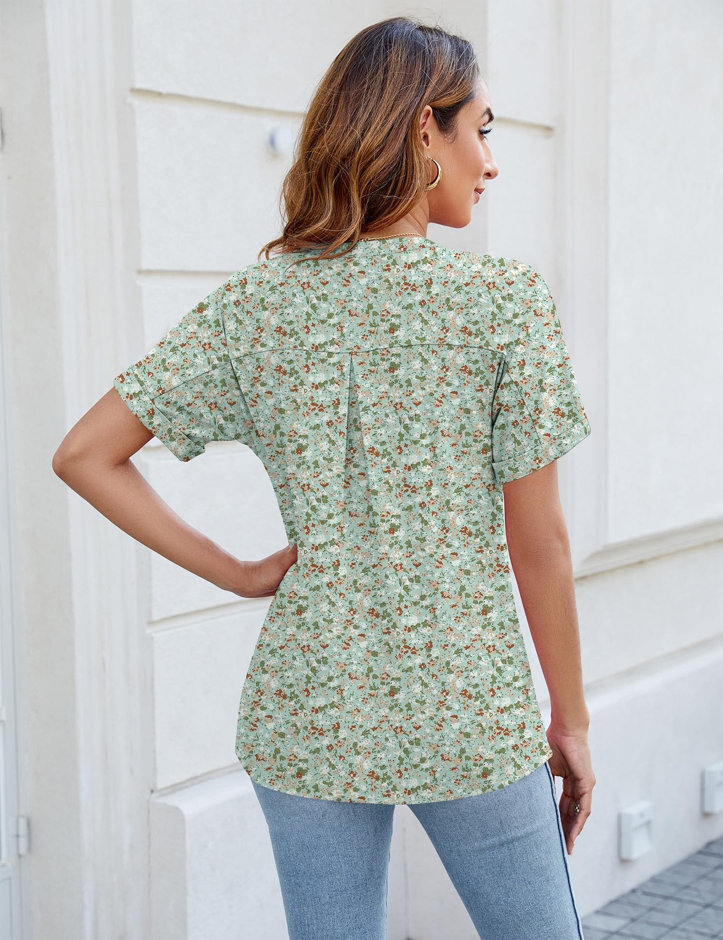 Micoson Womens Tops Dressy Casual Short Sleeve Blouses Summer Boho Tops V Neck Button Down Shirts Basic Work Tunic Green Floral M