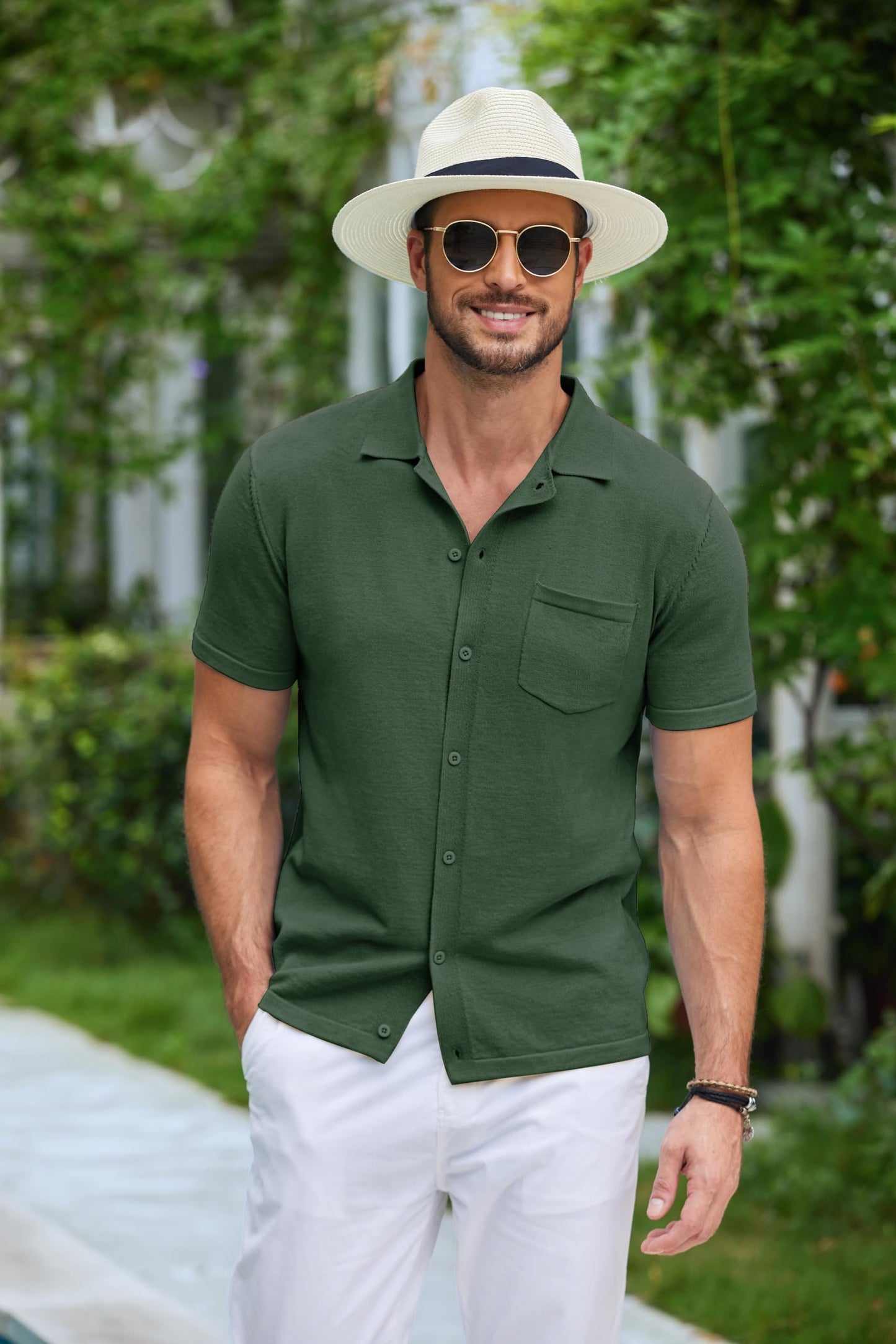 COOFANDY Men Knit Shirts Vintage Short Sleeve Button Down Shirt Casual Summer Beach Shirts ArmyGreen