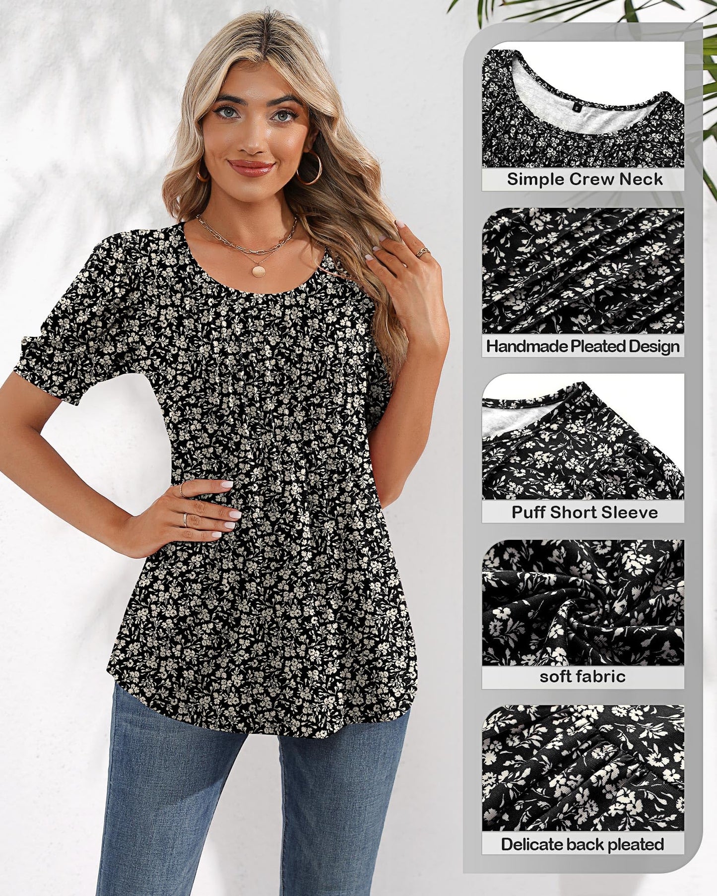 Ficerd Women's Puff Short Sleeve Tunic Tops Pleated Crew Neck Blouses Dressy Casual Loose Spring and Summer T-Shirts (Black, Floral,X-Large)