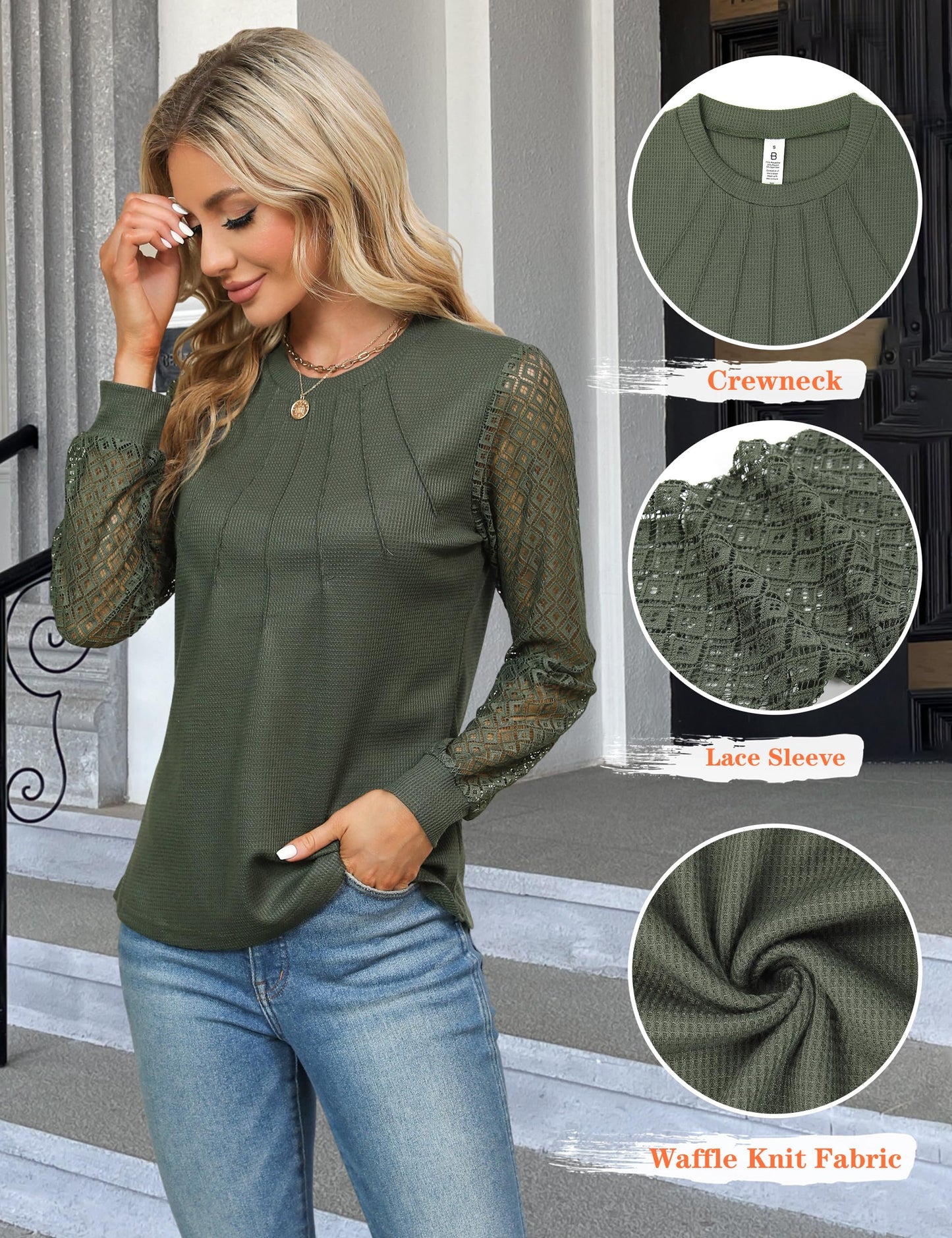 Blooming Jelly Women's Waffle Knit Tops Dressy Business Casual Blouses Lace Long Sleeve Work Shirts 2024 Trendy Fall Clothes (Army Green,Large)