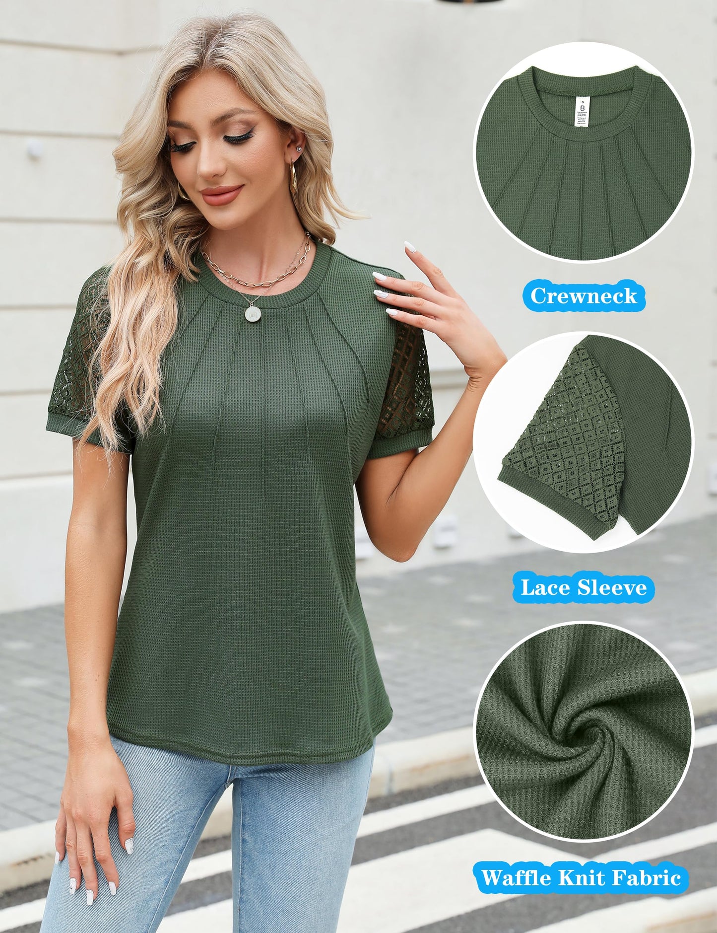 Blooming Jelly Women's Dressy Casual Blouses Business Work Tops Short Sleeve Waffle Knit T Shirts 2024 Ladies Trendy Summer Outfits (Army Green,Large)